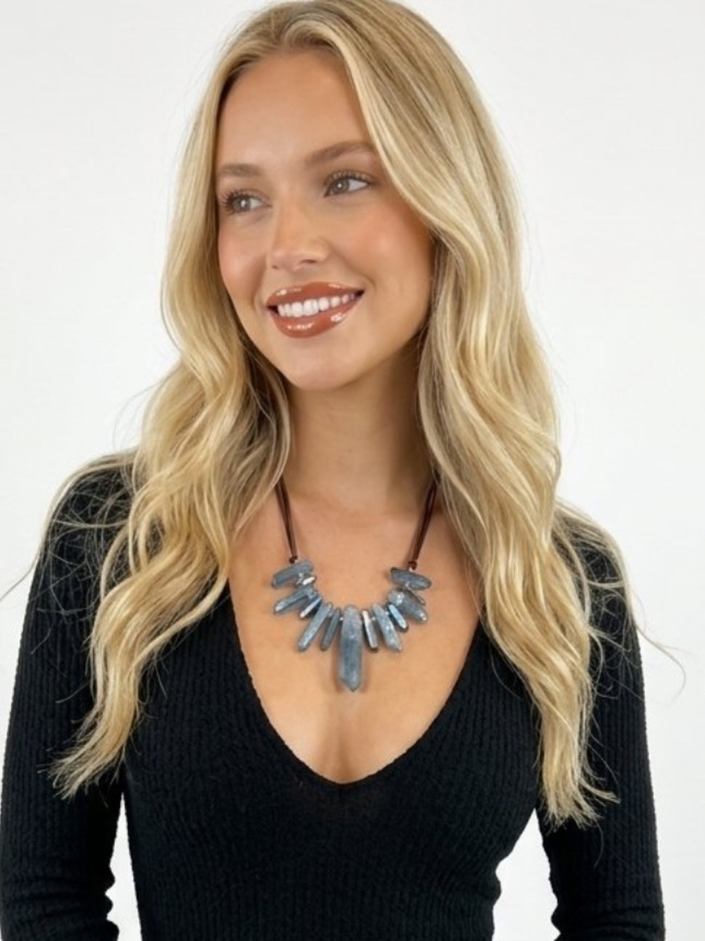 Statement Necklace Raw Crystal Quartz Points on a leather adjustable Tie Cord